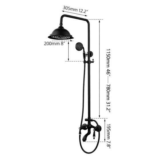 Colonne bain-douche noire – Rétro, poignées céramique, 98–146 cm