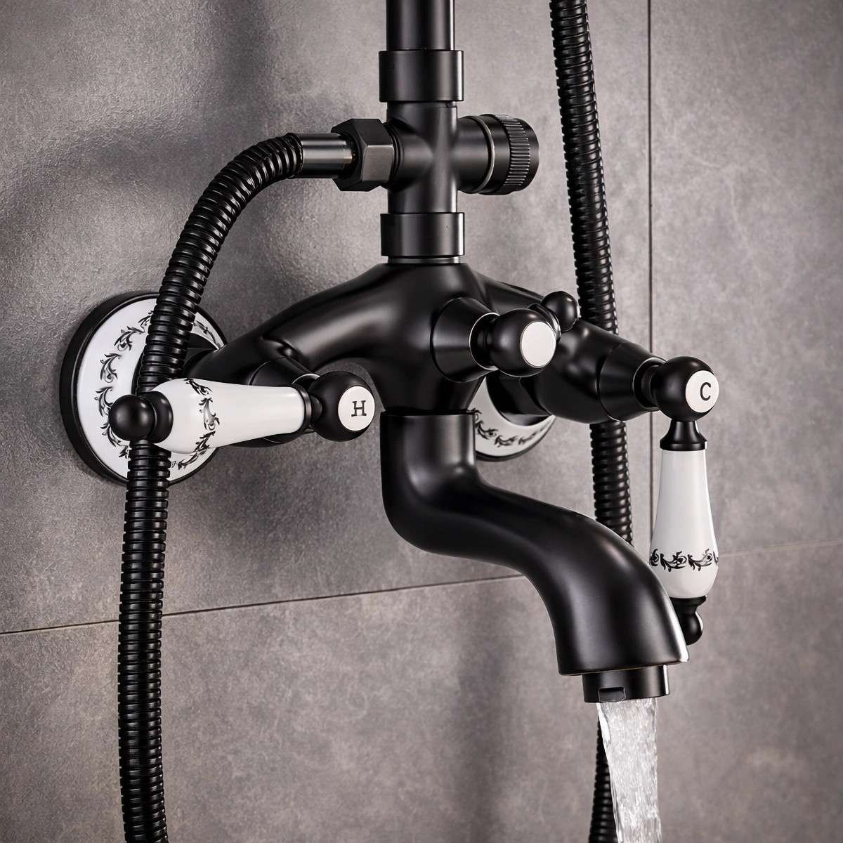 Colonne bain-douche noire – Rétro, poignées céramique, 98–146 cm