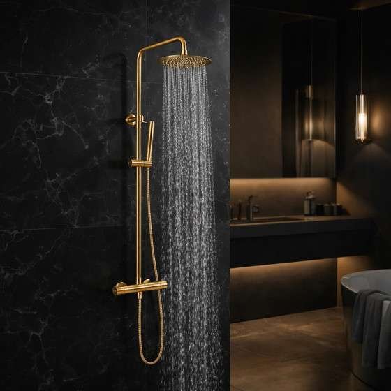 Colonne de douche thermostatique or brossé Atol – Inox, 75–115 cm