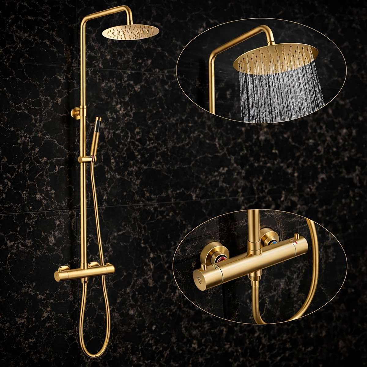 Colonne de douche thermostatique or brossé Atol – Inox, 75–115 cm