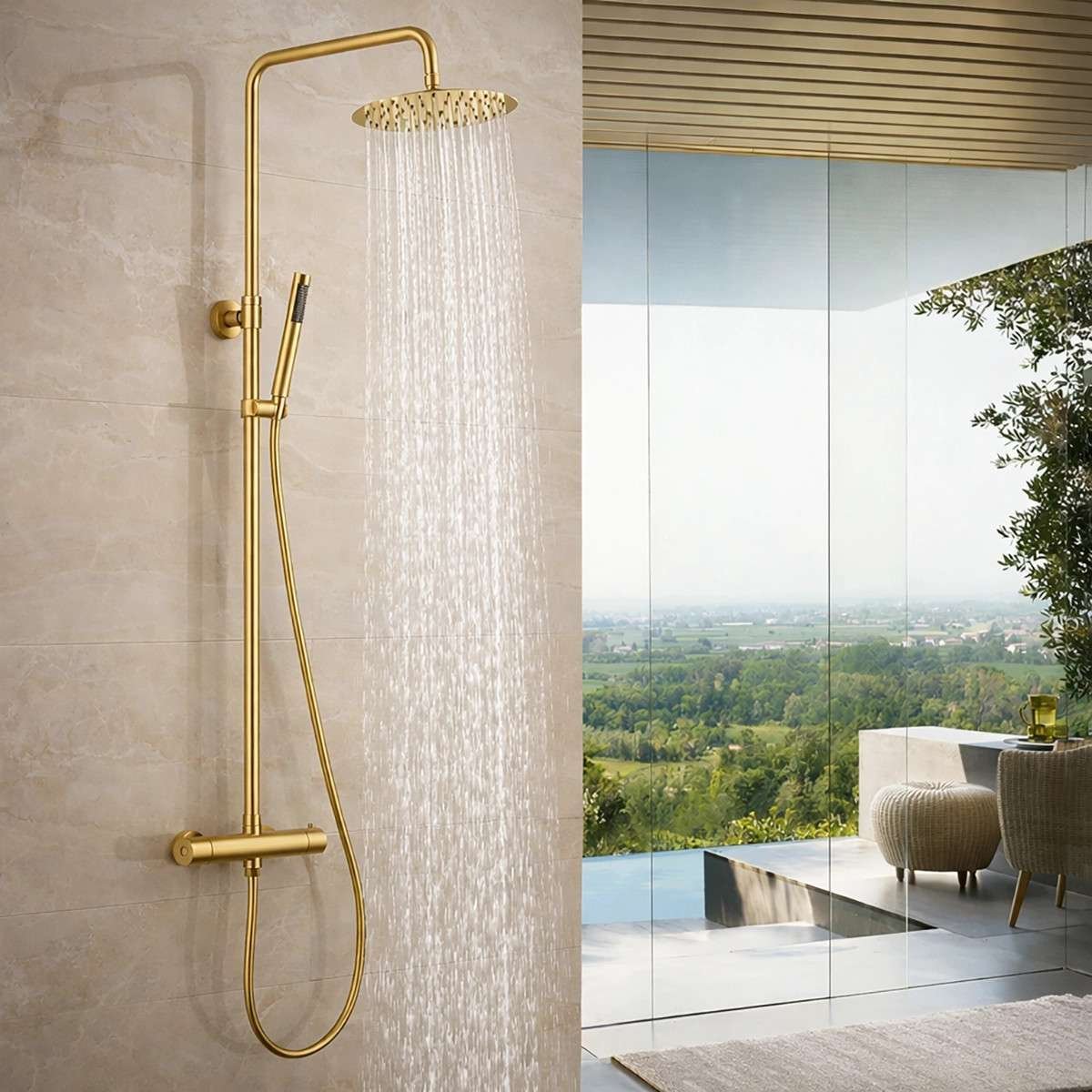 Colonne de douche thermostatique or brossé Atol – Inox, 75–115 cm