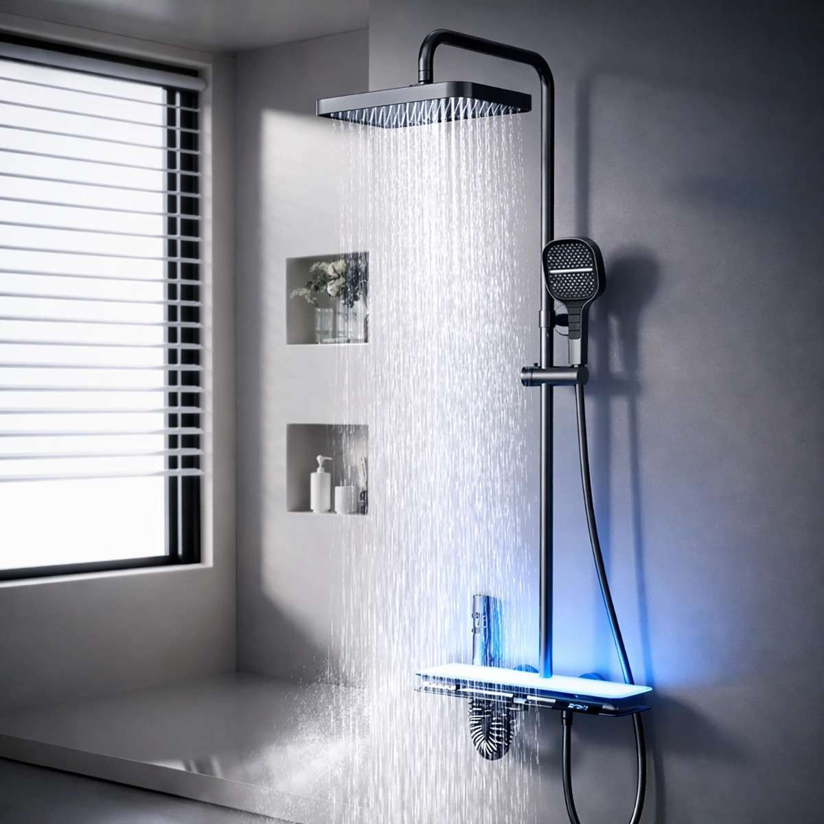 Colonne de douche LED thermostatique Zeus – Cascade, pluie & affichage