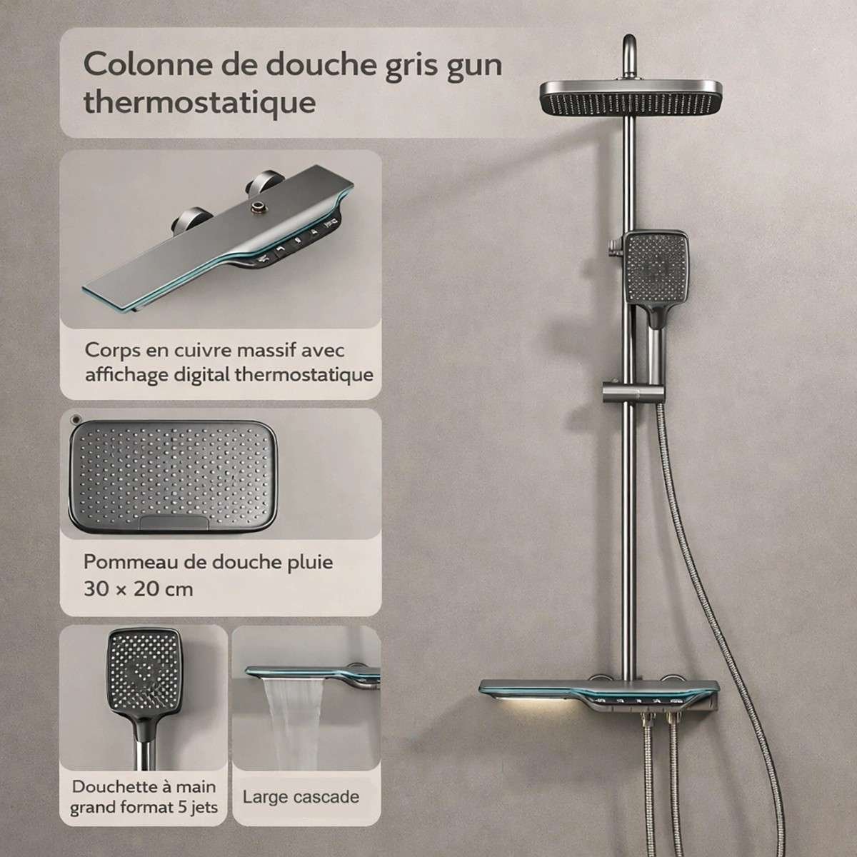 Colonne de douche LED thermostatique Victoria – Cascade