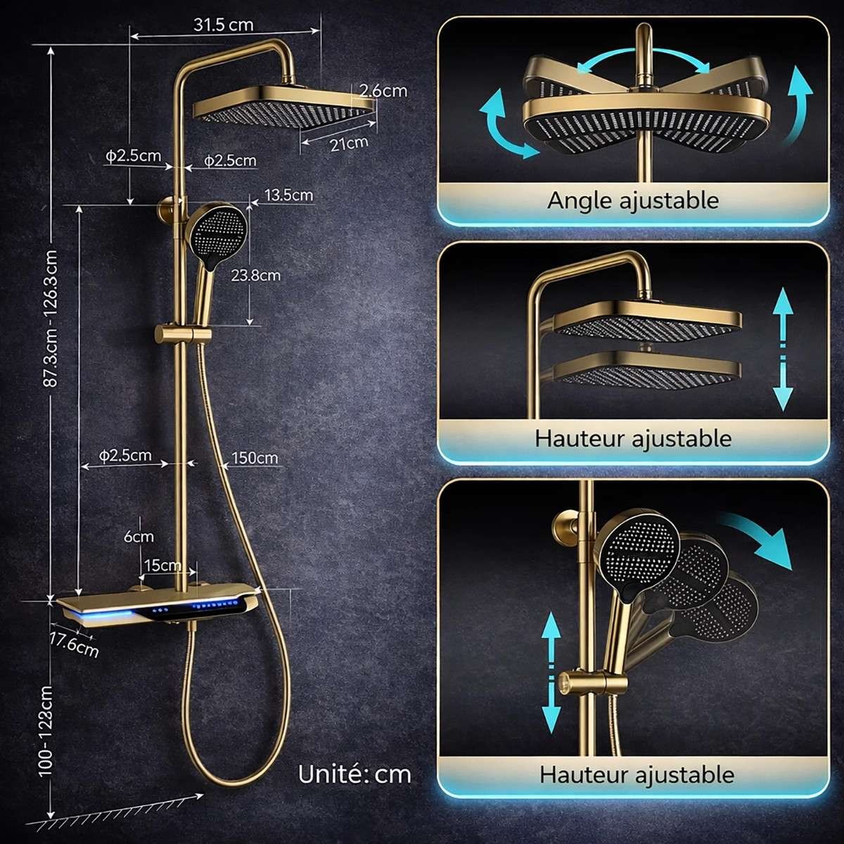 Colonne de douche LED Mexico – Technologie avancée & finition dorée