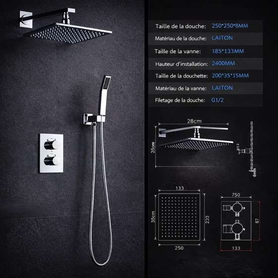 Colonne de douche thermostatique LED Glasgow nickel brossé