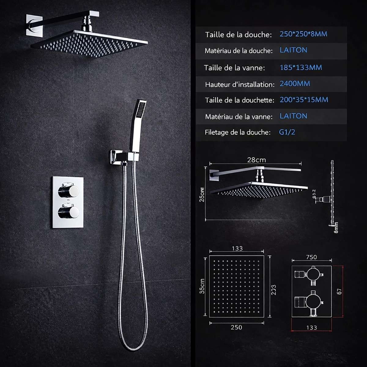 Colonne de douche thermostatique LED Glasgow nickel brossé