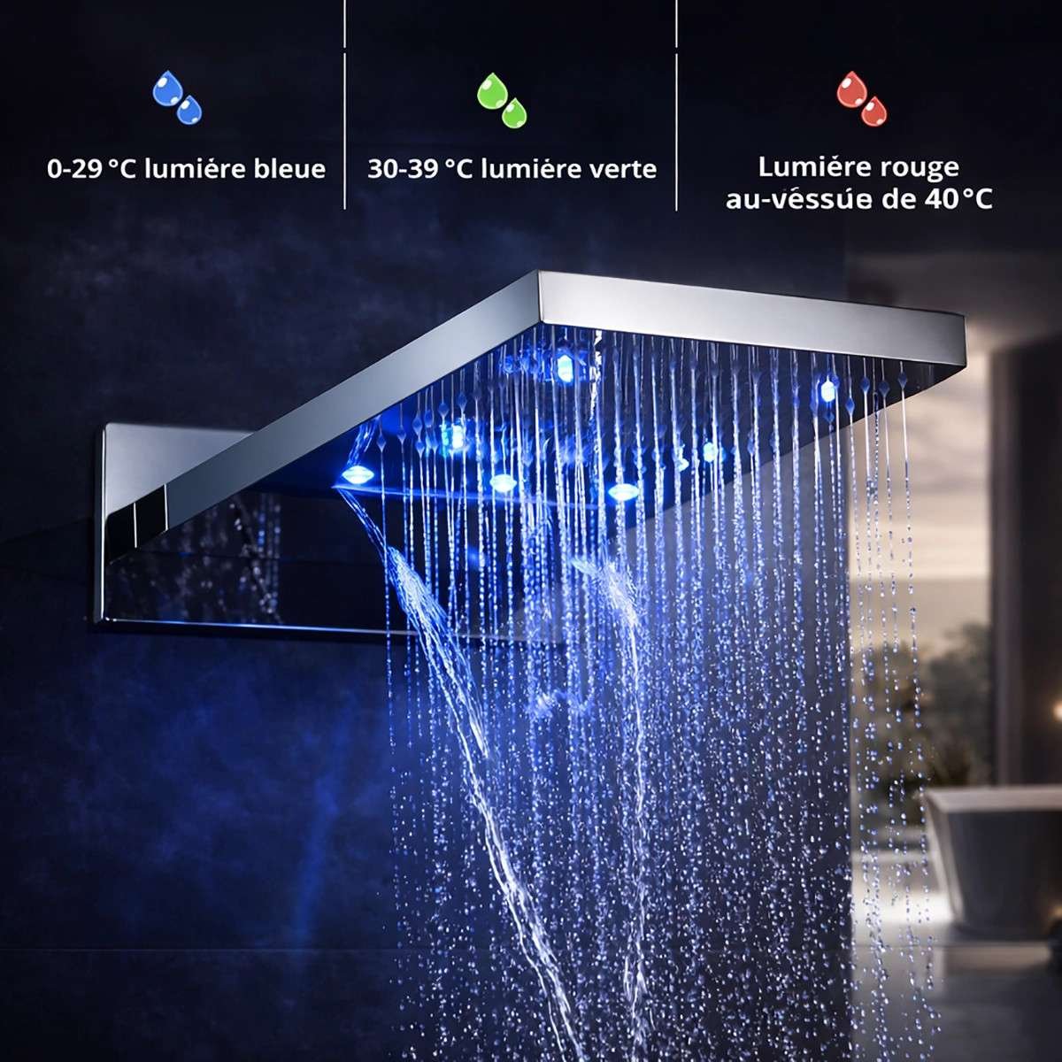 Douche encastrée thermostatique LED Rome chrome – pluie & cascade