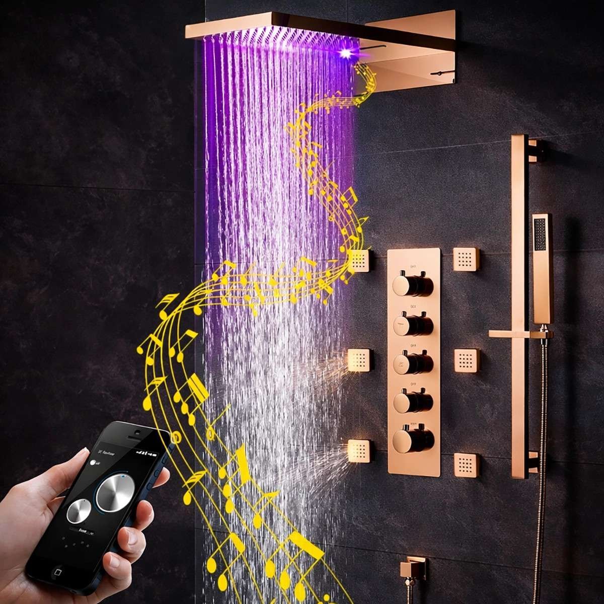 Douche encastrée thermostatique Cherbourg – LED, Bluetooth & jets