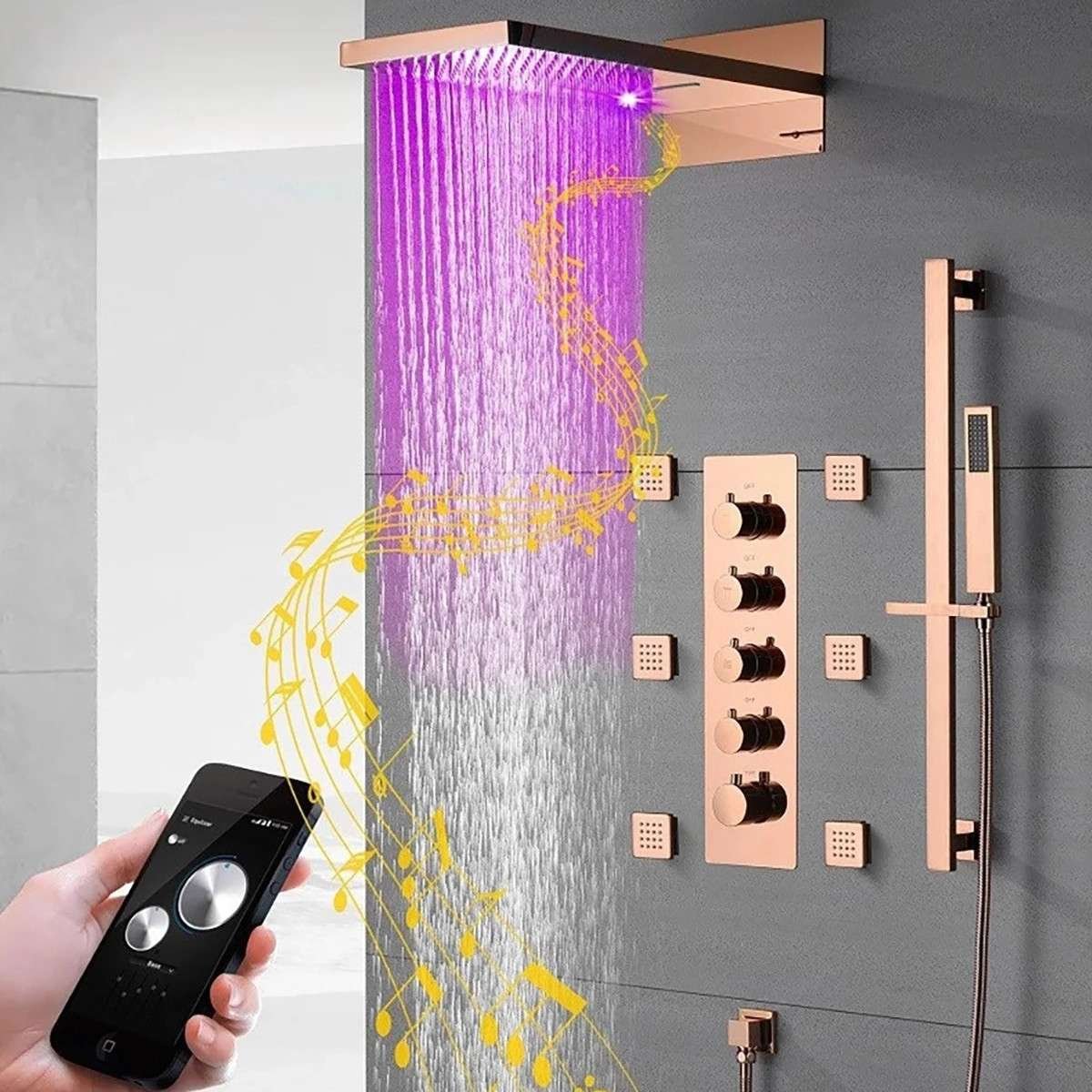 Douche encastrée thermostatique Cherbourg – LED, Bluetooth & jets