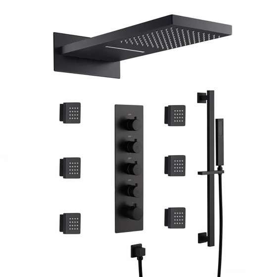 Douche encastrée thermostatique New York noire – LED, Bluetooth & jets