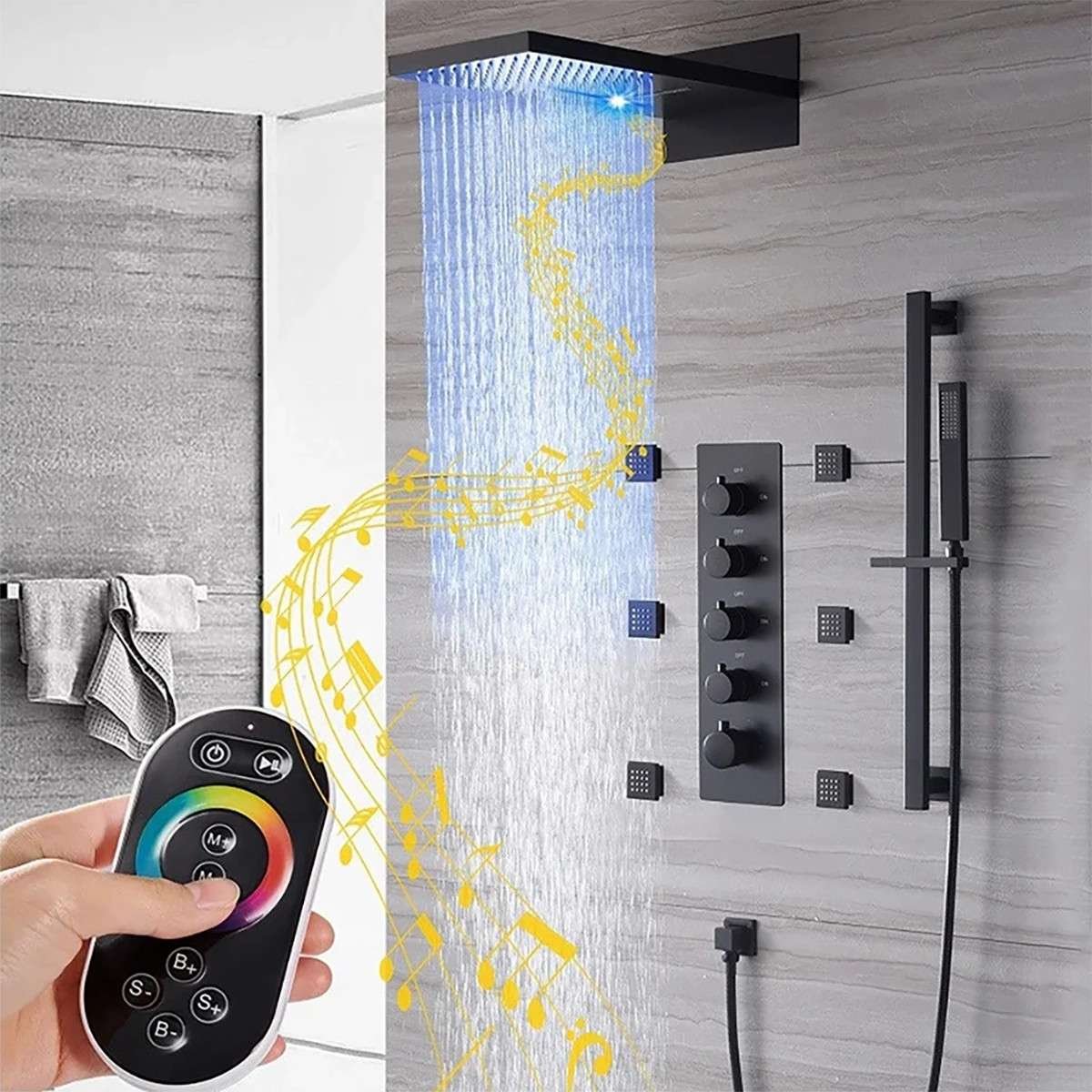 Douche encastrée thermostatique New York noire – LED, Bluetooth & jets