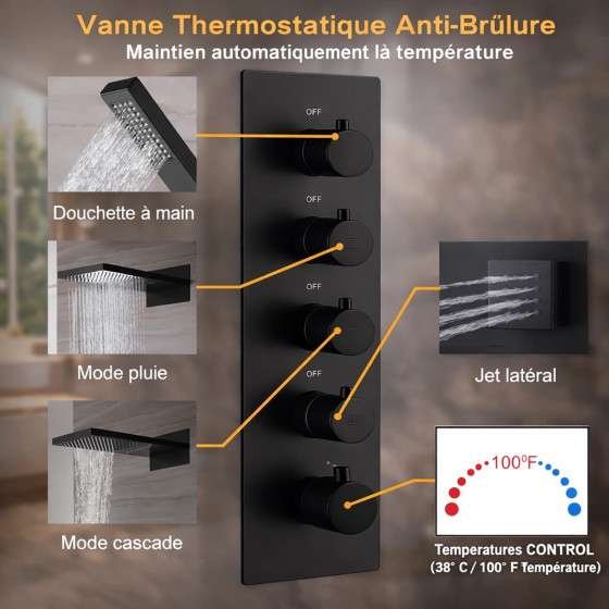 Douche encastrée thermostatique New York noire – LED, Bluetooth & jets
