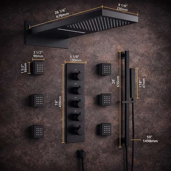 Douche encastrée thermostatique New York noire – LED, Bluetooth & jets