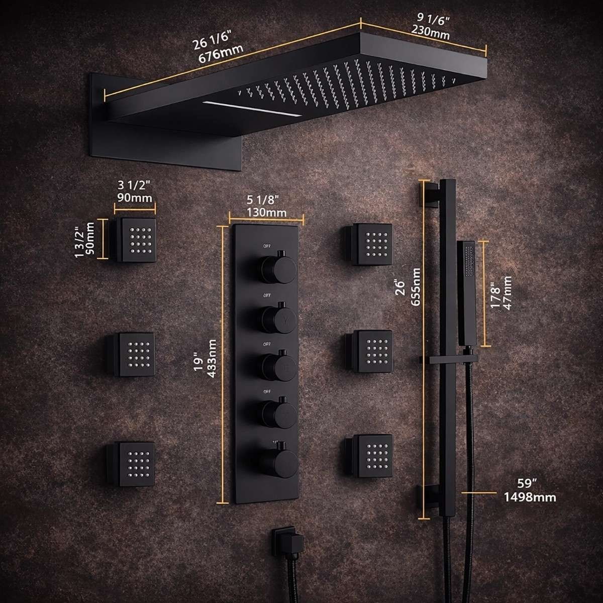 Douche encastrée thermostatique New York noire – LED, Bluetooth & jets