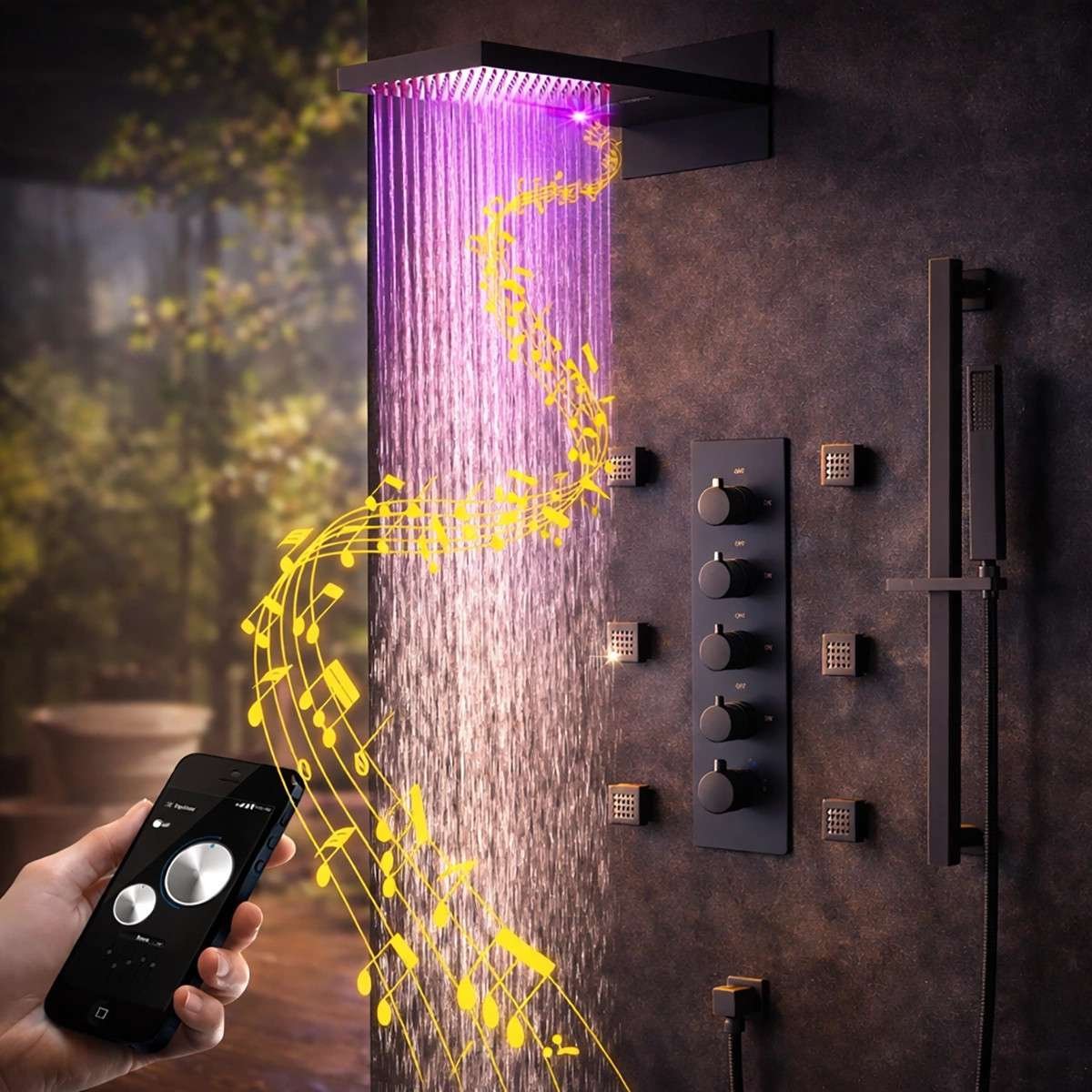 Douche encastrée thermostatique New York noire – LED, Bluetooth & jets