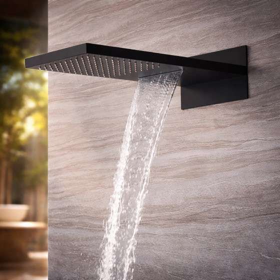 Douche encastrée thermostatique New York noire – LED, Bluetooth & jets