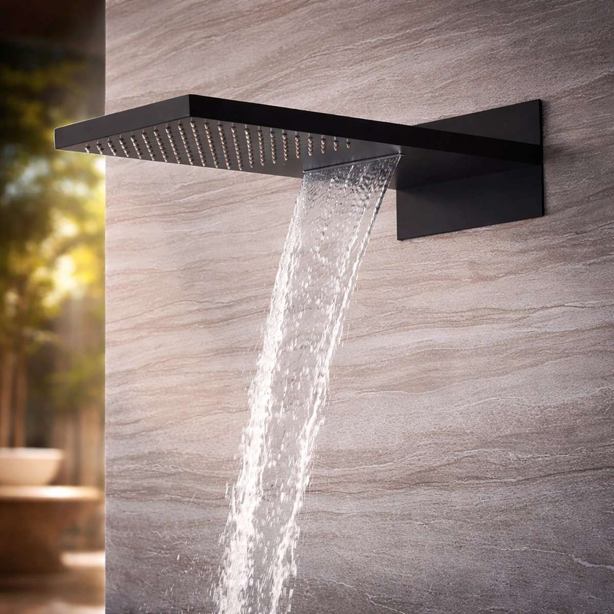 Douche encastrée thermostatique New York noire – LED, Bluetooth & jets