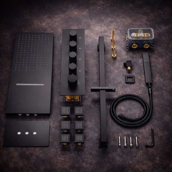 Douche encastrée thermostatique New York noire – LED, Bluetooth & jets