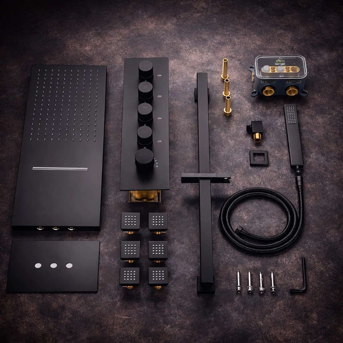 Douche encastrée thermostatique New York noire – LED, Bluetooth & jets