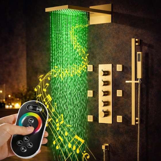 Douche encastrée thermostatique Milan doré brossé – LED & Bluetooth