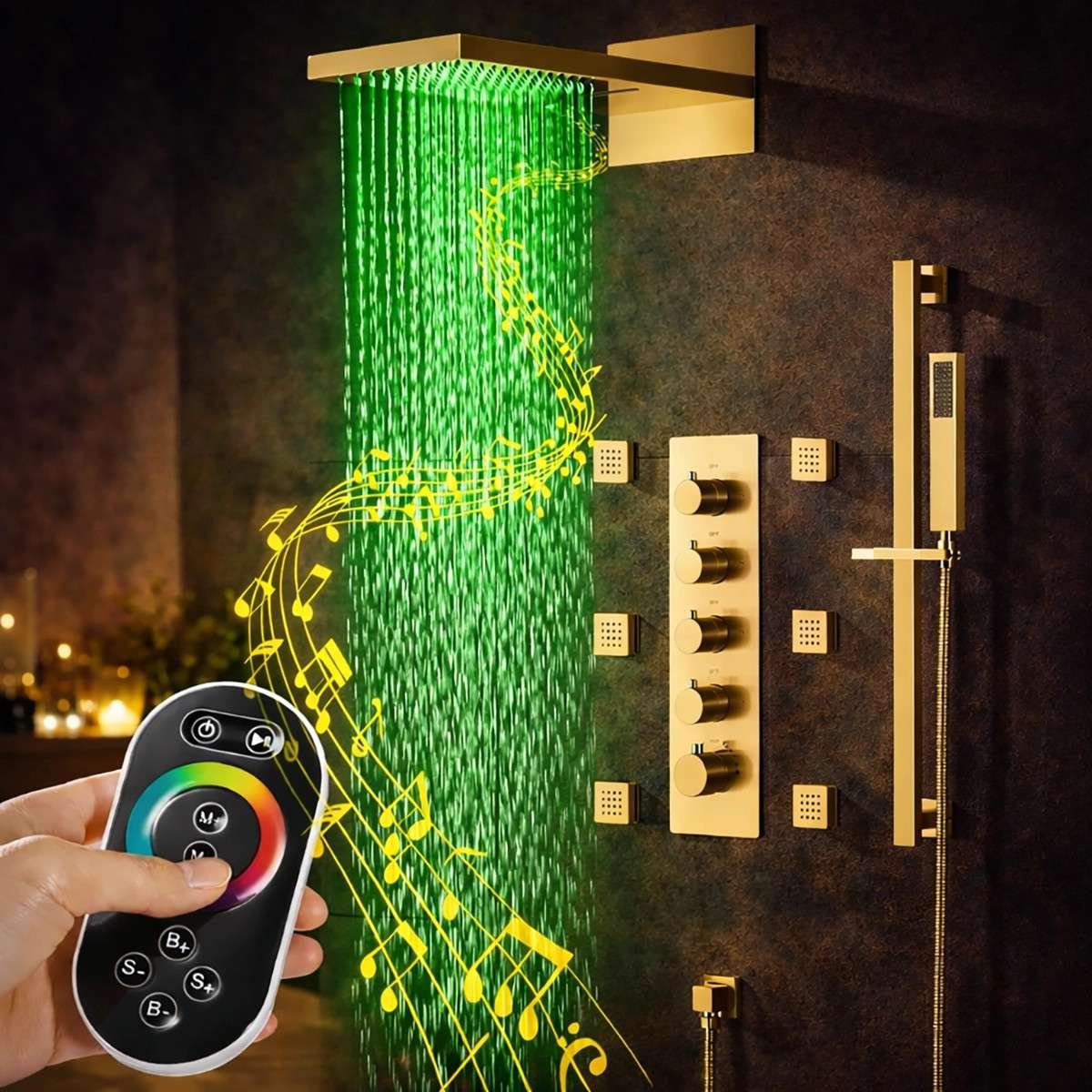 Douche encastrée thermostatique Milan doré brossé – LED & Bluetooth