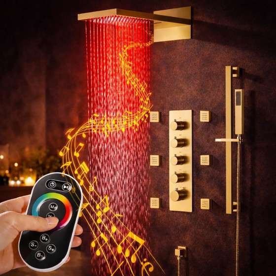 Douche encastrée thermostatique Milan doré brossé – LED & Bluetooth