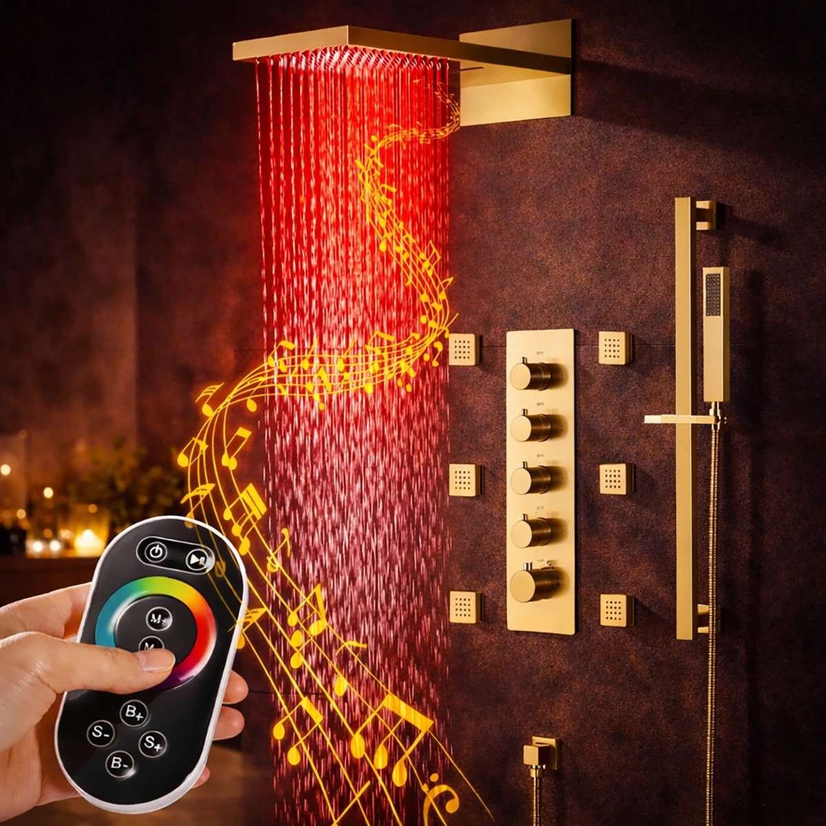 Douche encastrée thermostatique Milan doré brossé – LED & Bluetooth