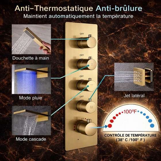 Douche encastrée thermostatique Milan doré brossé – LED & Bluetooth