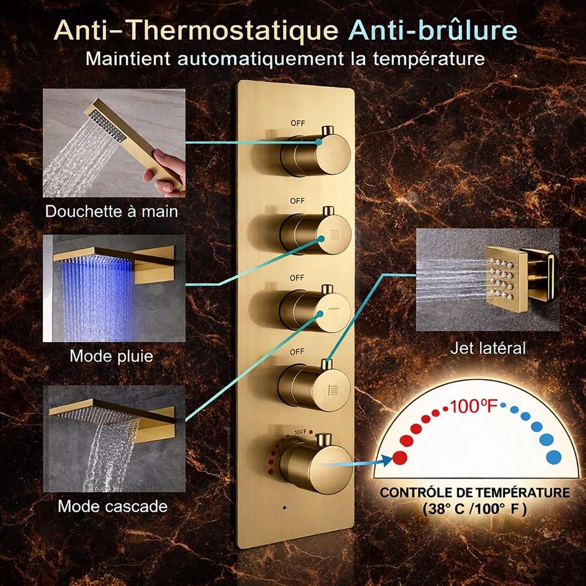 Douche encastrée thermostatique Milan doré brossé – LED & Bluetooth