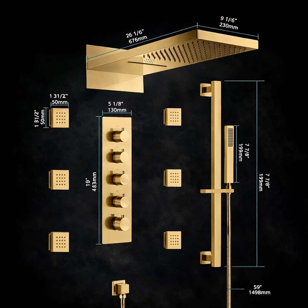 Douche encastrée thermostatique Milan doré brossé – LED & Bluetooth