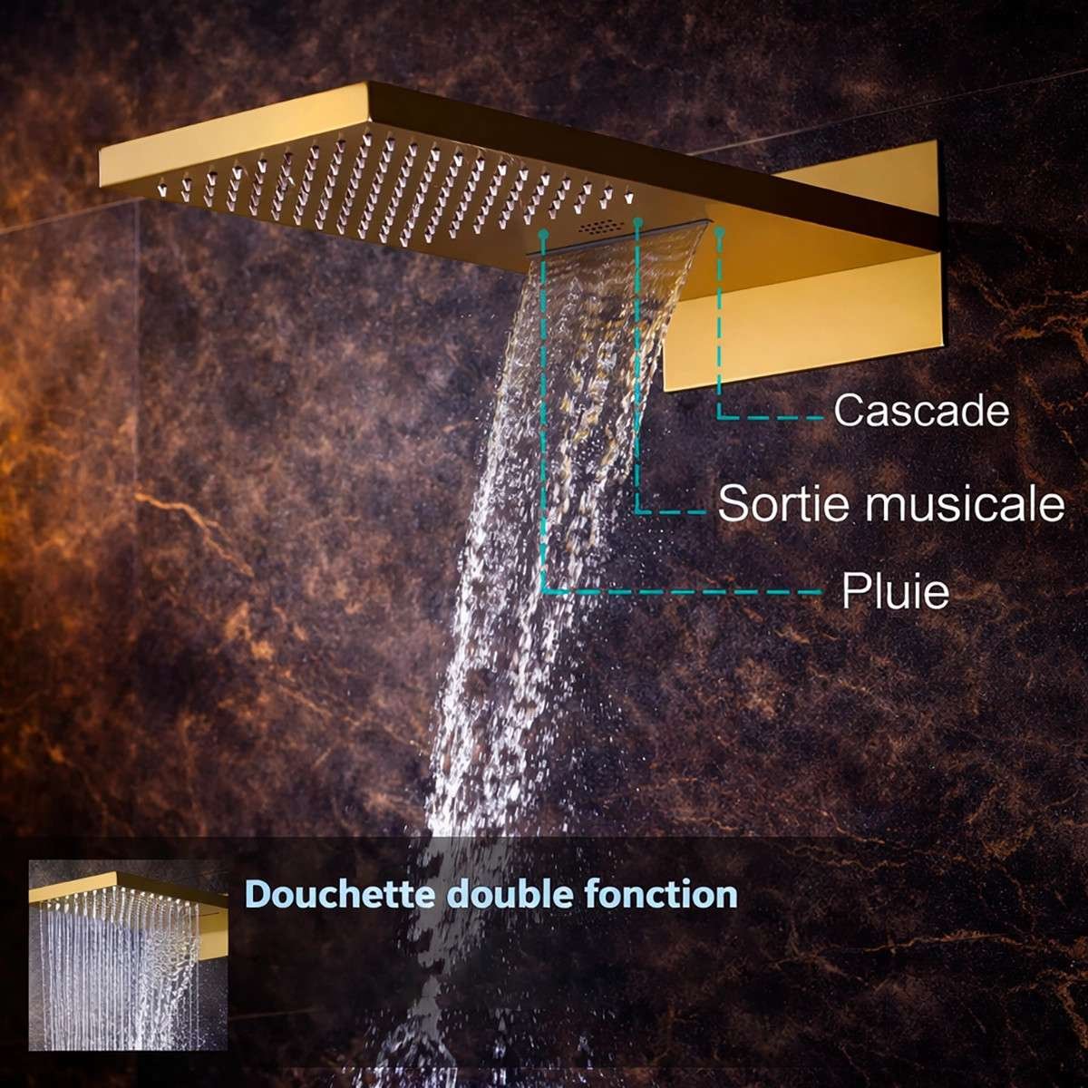 Douche encastrée thermostatique Milan doré brossé – LED & Bluetooth