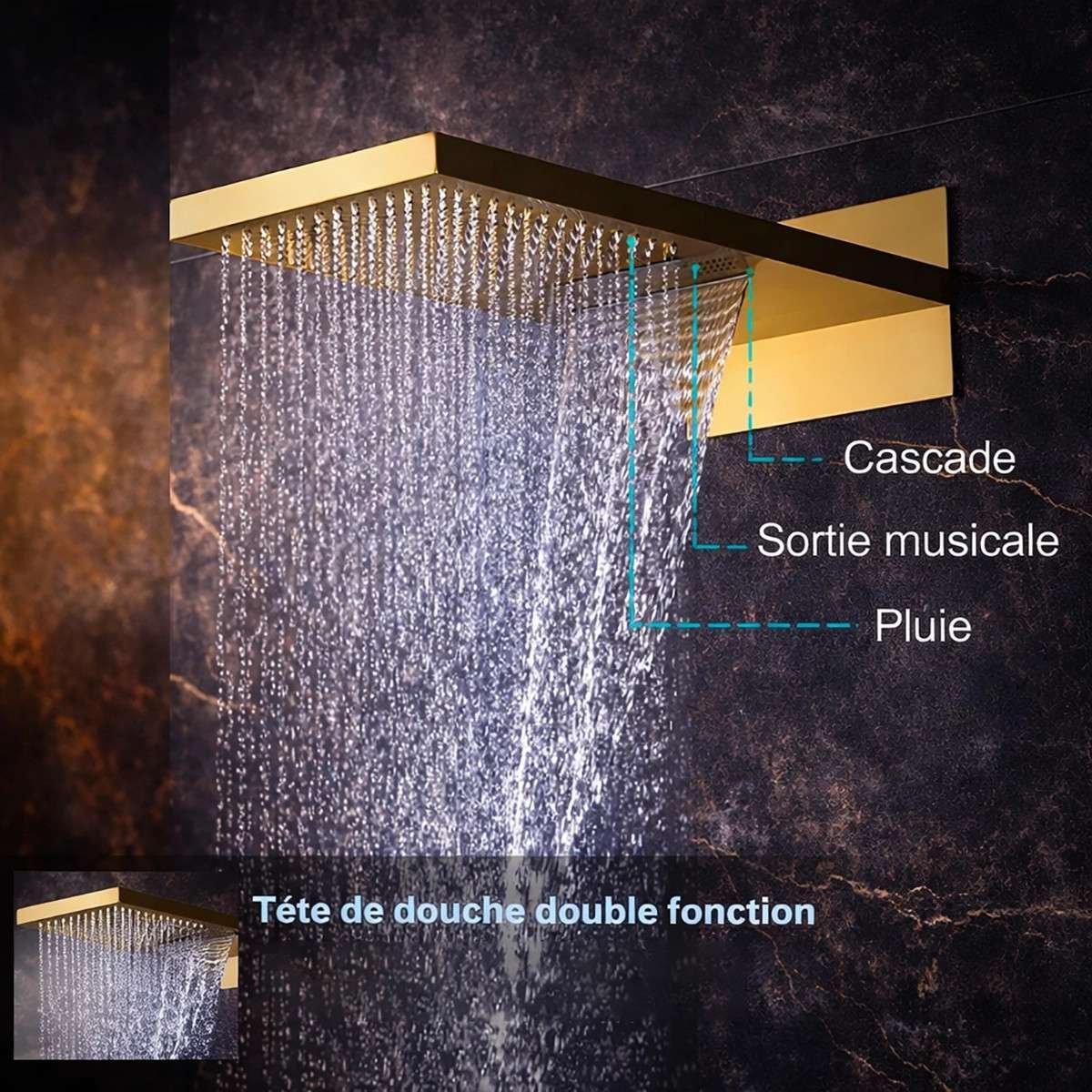 Douche encastrée thermostatique Milan doré brossé – LED & Bluetooth