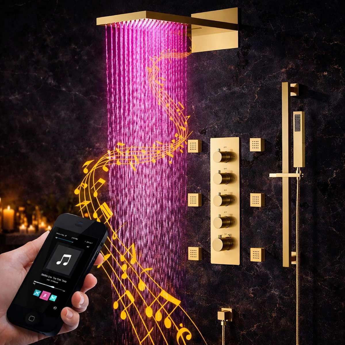 Douche encastrée thermostatique Milan doré brossé – LED & Bluetooth