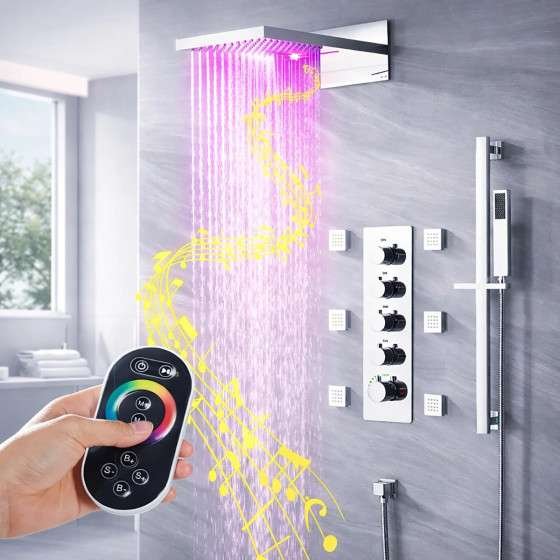 Douche encastrée thermostatique Valence chrome – LED & Bluetooth