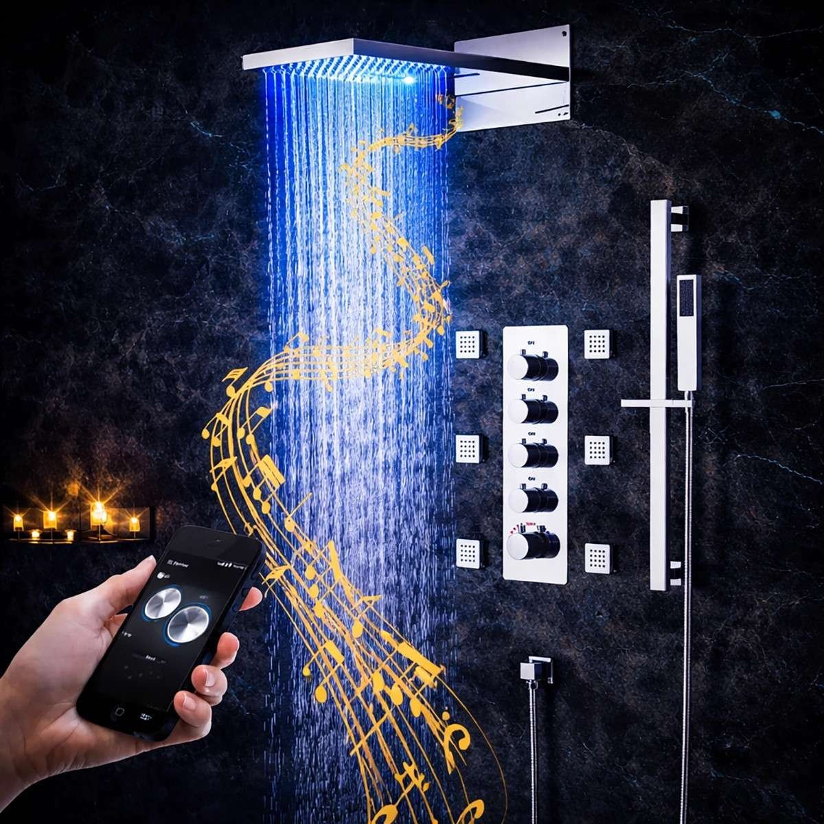 Douche encastrée thermostatique Valence chrome – LED & Bluetooth