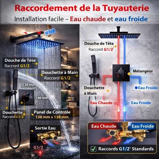 Douche encastrée LED Bilbao noire – Mitigeur mural design