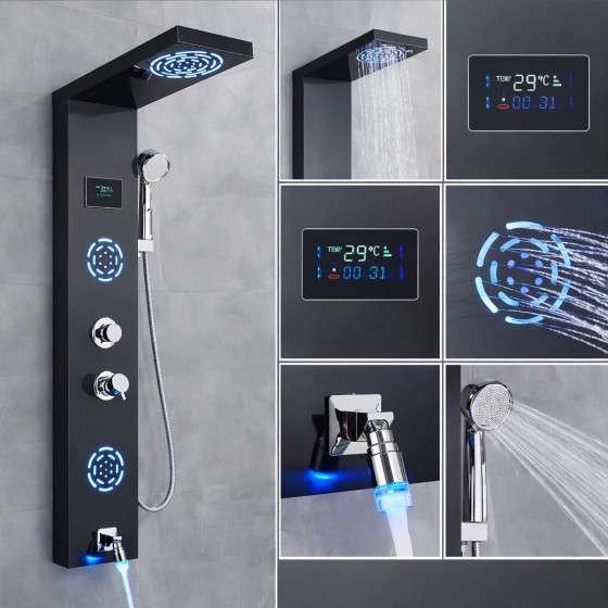 Panneau de douche hydromassant LED Horus – Noir luxe