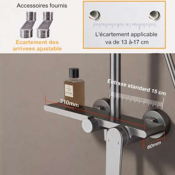 Colonne de douche Noche grise – Mitigeur 3 fonctions, design moderne