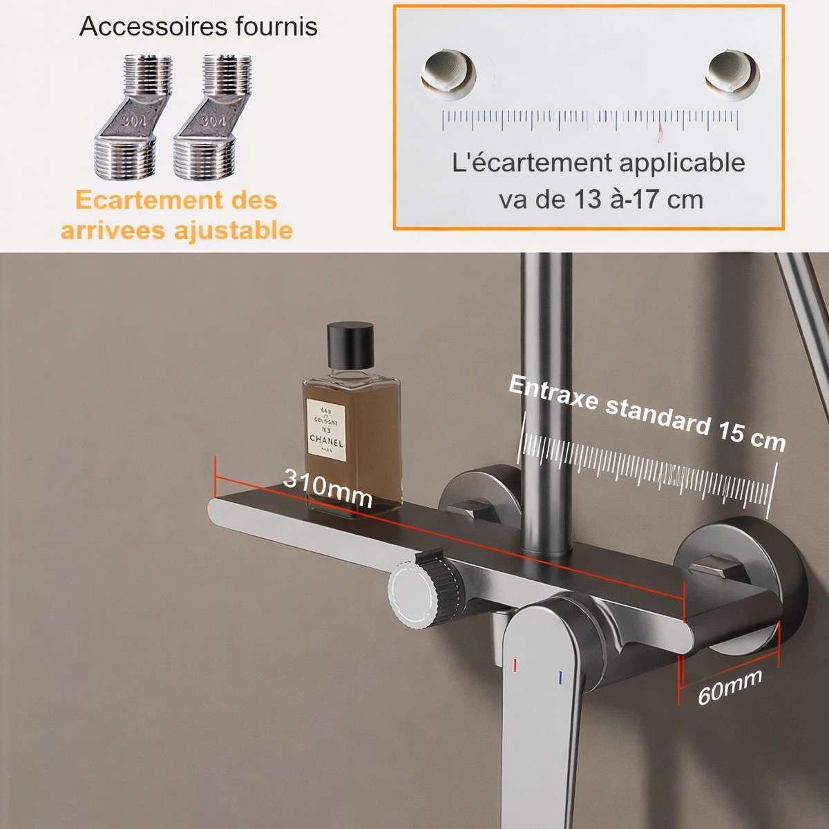 Colonne de douche Noche grise – Mitigeur 3 fonctions, design moderne