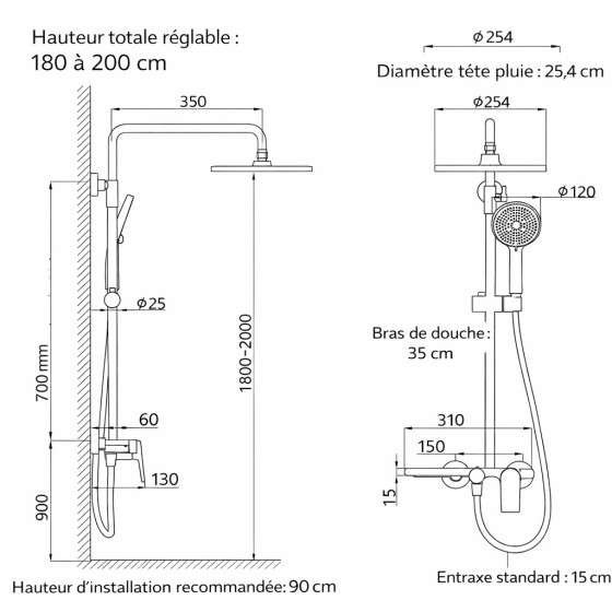 Colonne de douche Noche grise – Mitigeur 3 fonctions, design moderne