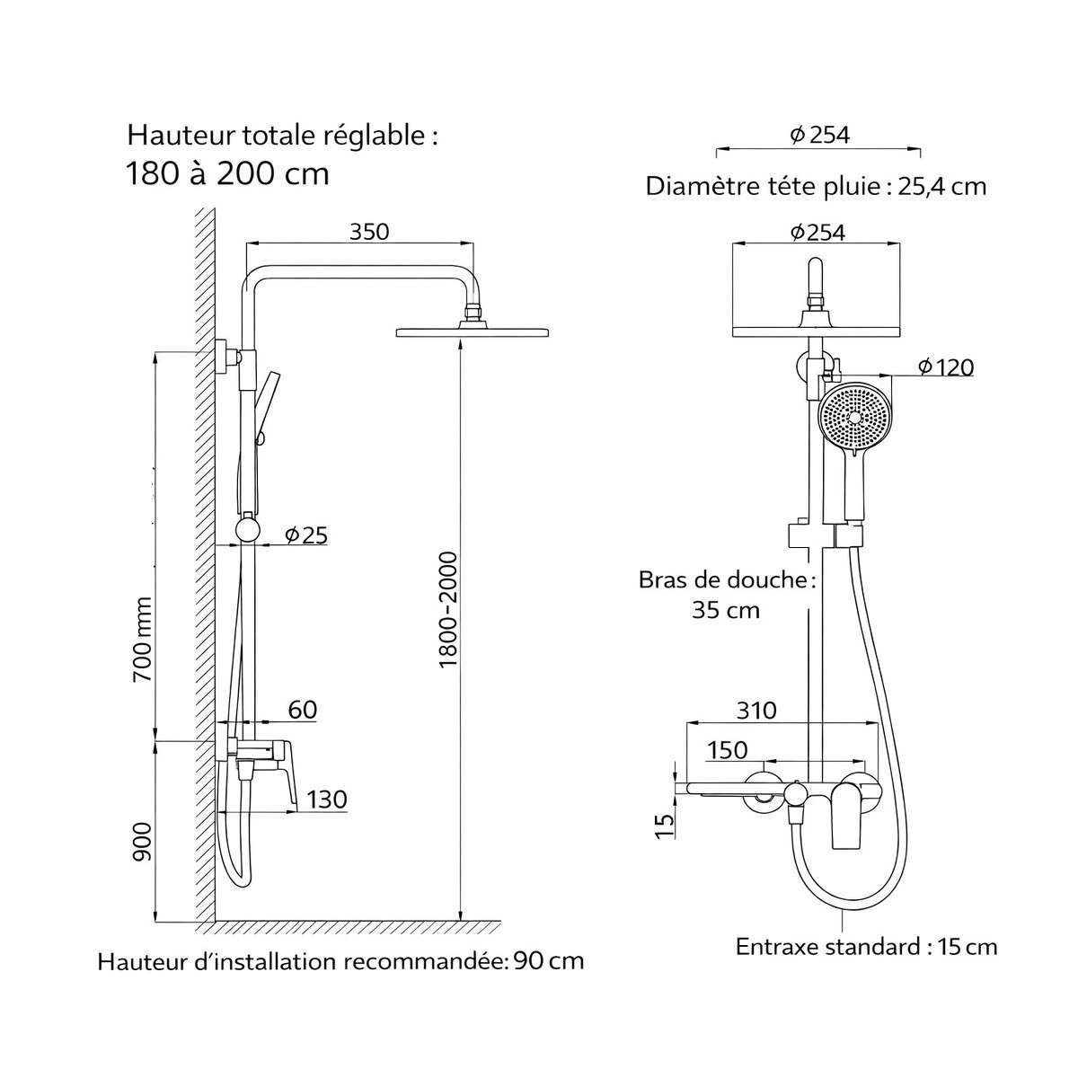 Colonne de douche Noche grise – Mitigeur 3 fonctions, design moderne