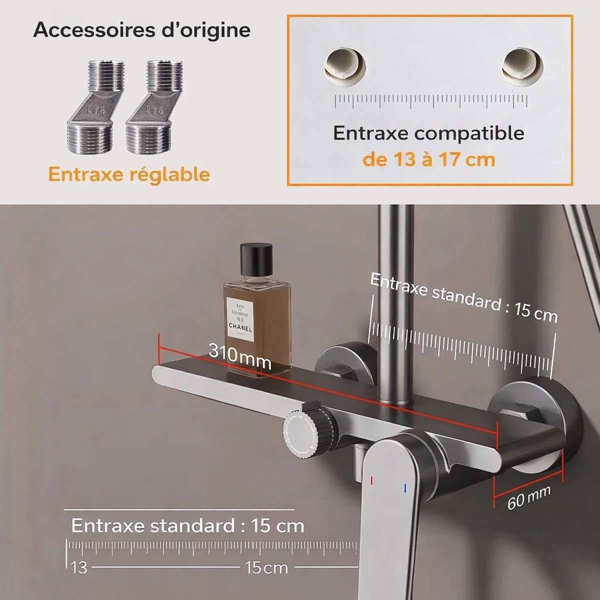 Colonne de douche Divine noire – Design 3 jets, hauteur réglable