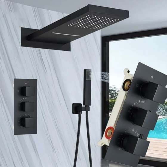 Douche encastrée thermostatique Hanoï noire – pluie & cascade