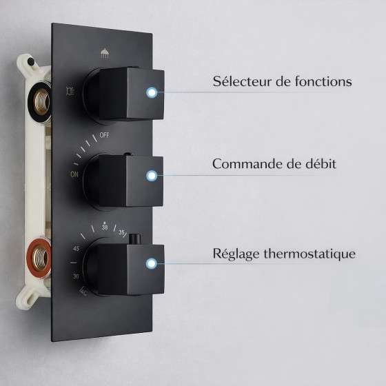 Douche encastrée thermostatique Hanoï noire – pluie & cascade