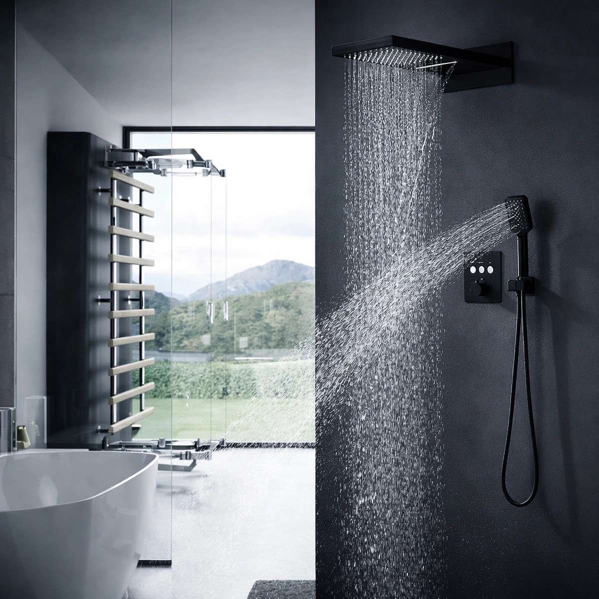 Douche pluie encastrée Lomé noire – thermostatique, pluie & cascade