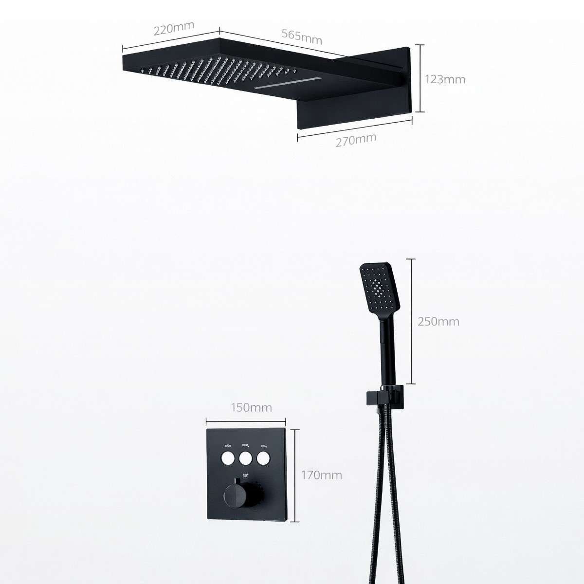 Douche pluie encastrée Lomé noire – thermostatique, pluie & cascade