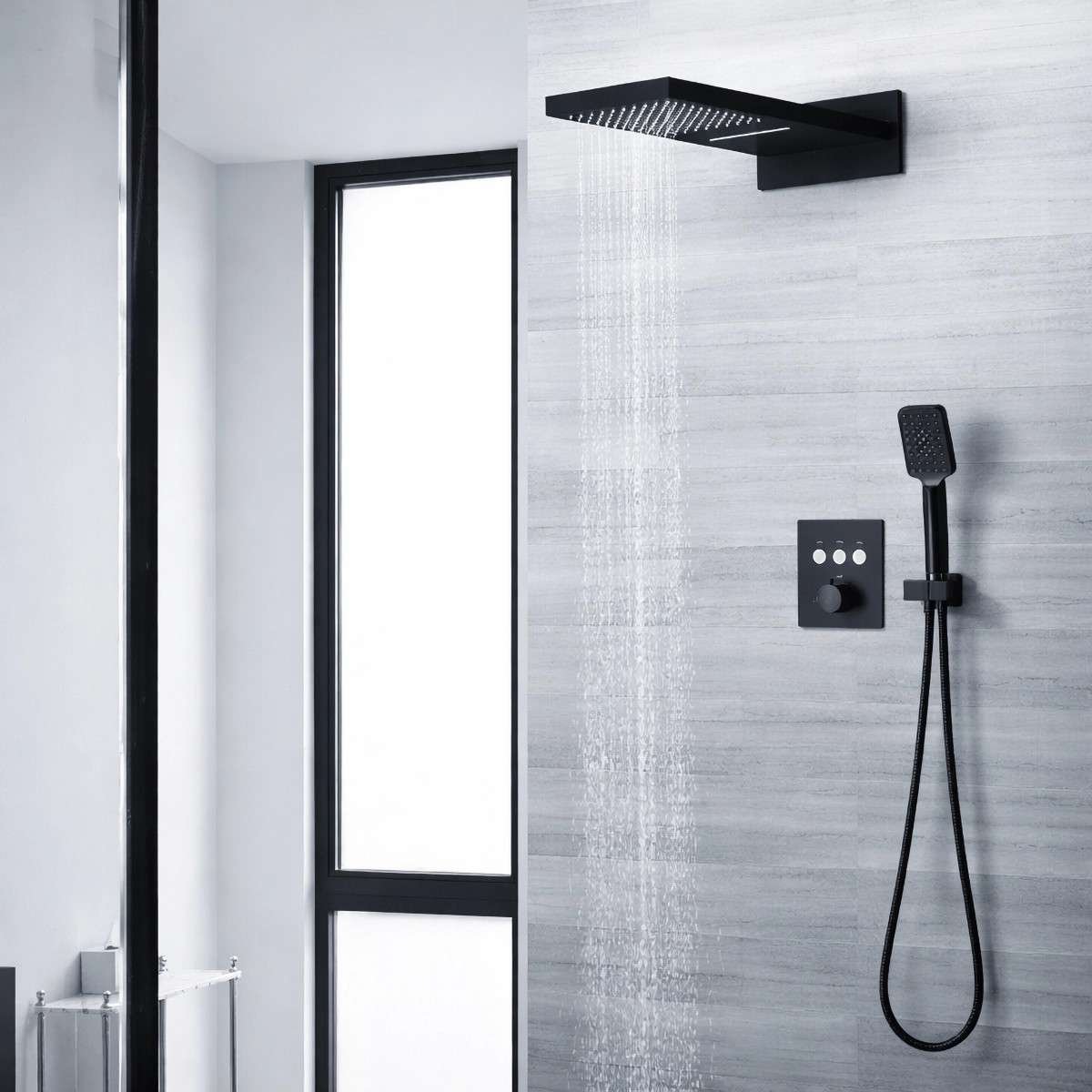 Douche pluie encastrée Lomé noire – thermostatique, pluie & cascade