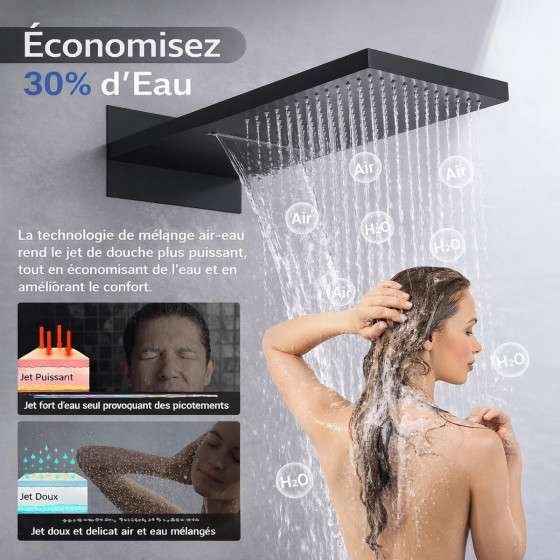 Douche pluie encastrée Lomé noire – thermostatique, pluie & cascade