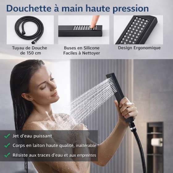 Douche pluie encastrée Lomé noire – thermostatique, pluie & cascade
