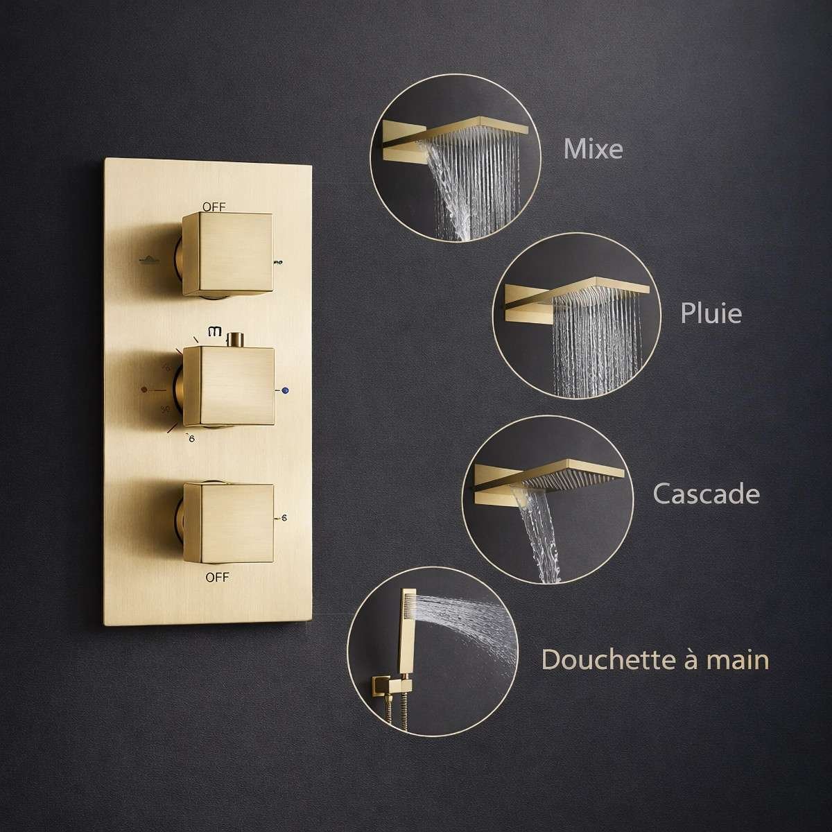 Douche encastrée thermostatique Xirok – pluie, cascade & air injection